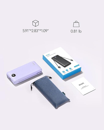VRURC Portable Charger 20000mAh, Fast Charging Power Bank USB C,4 Output 2 Input Travel Essentials Charging Bank Equipped with LED Display,Built-in Wall Plug and Cables,Phone Charger Battery,Purple