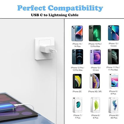 iPhone Fast Charger, 3 Pack MFi Certified PD Type C Fast Charger Block with 3 Pack 6FT USB C to Lightning Fast Charging Data Sync Cable Compatible with iPhone 14 13 12 11 Pro Max XS XR X 8 iPad-White