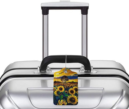 2-Pcs Beautiful Sunflower Leather Luggage Tags for Women Girls Suitcases, Art Yellow Floral Privacy Cover ID Label with Stainless Steel Loop and Address Card for Travel Bag Backpack