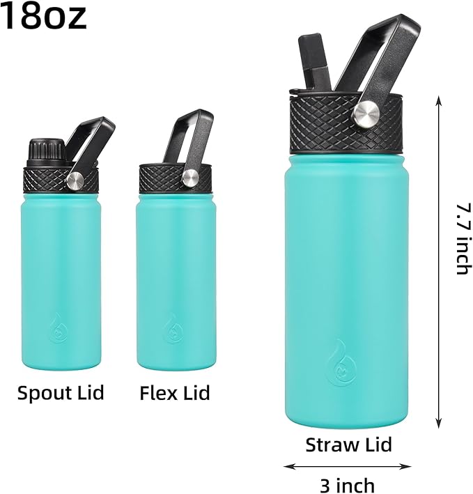 BJPKPK Insulated Water Bottles with Straw Lid, 18oz Stainless Steel Metal Water Bottle, Cold Hot Thermo with 3 Lids, Leak Proof BPA Free Travel Cup, Wide Mouth Flasks, Thermo-Turquoise