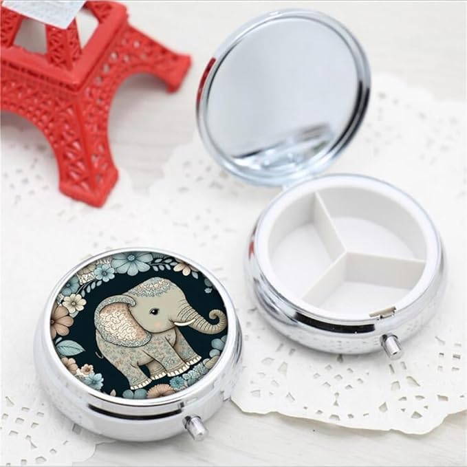 Pill Box,Floral Elephant Round Pill Box 3 Compartment Decorative Pocket Purse Portable Mini Travel Medicine Tablet Vitamin Holder Organizer Pill Case