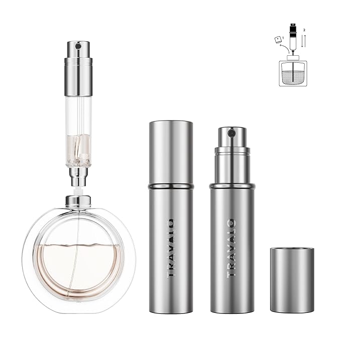 Refillable Perfume Atomizer, Bottom Filling Fragrances Perfume Bottle, Mini Cologne Dispenser, Travel sized, Portable Sprayer for Women Men, Gift (ESSENTI, SILVER)