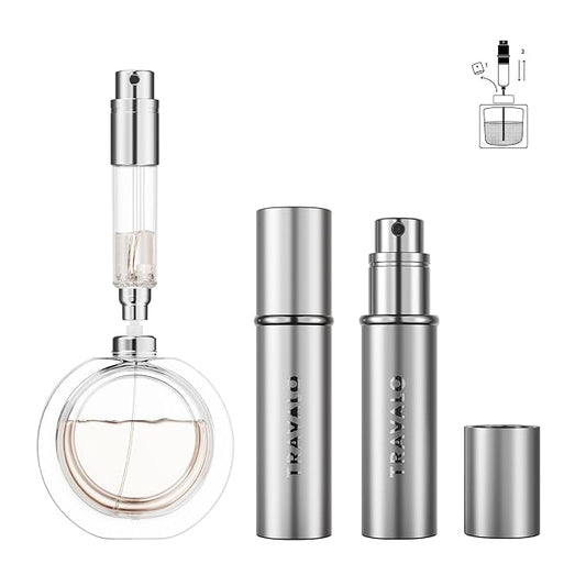 Refillable Perfume Atomizer, Bottom Filling Fragrances Perfume Bottle, Mini Cologne Dispenser, Travel sized, Portable Sprayer for Women Men, Gift (ESSENTI, SILVER)