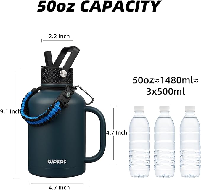 BJPKPK Large Insulated Water Bottles with Straw Lid & Handle, 50oz, 64oz, 87oz, 128oz Water Bottle with 3 Lids and Paracord Strap, Stainless Steel Metal Water Bottle, Insulated Water Jug, Navy Blue