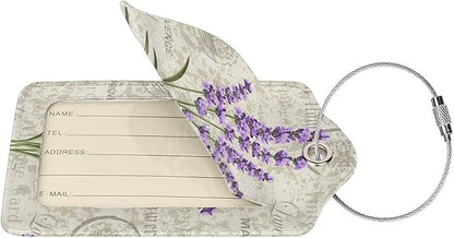 2 Pcs Purple Lavender Luggage Tags for Women Girls Travel, Cute Flower PU Leather Bag Tags Baggage for Suitcases with Stainless Steel Loop & Privacy Name ID Card Cover Identifiers Labels Set