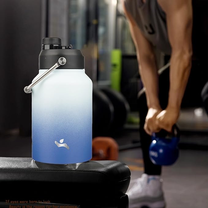 Half Gallon Jug with Handle,64 oz Insulated Water Bottle with Carrying Pouch,Double Wall Vacuum Stainless Steel Metal Bottle,Sky
