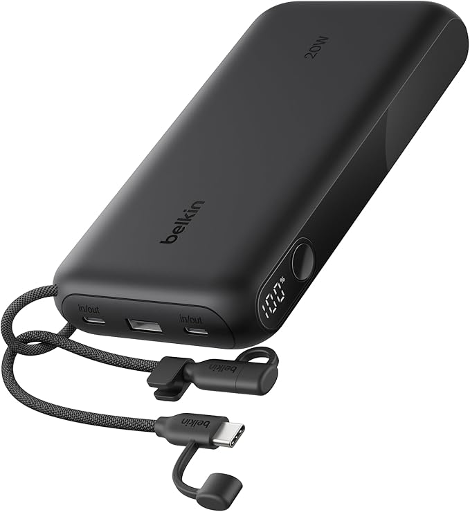 Belkin Portable Charger, USB-C Power Bank 20,000mAh w/ 2X USB-C Ports & 1x A Port, Digital Battery Display, 20W Charging for iPhone 17, Air, Pro, Samsung Galaxy S25, Pixel 10, iPad, & More - Black