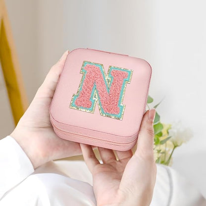 SANDJEST Personalized Jewelry Box, Pink Travel Jewelry Box with Initial N, Small Monogrammed Jewelry Case Organizer for Girls Women Teen Kids, Mini Travel Essentials Gifts for Birthday Christmas