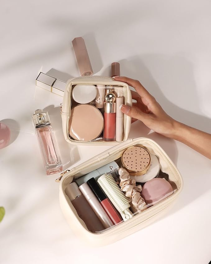 Pocmimut Mini Makeup Bag with Small Cosmetic Bag Travel Essentials Organizers,TSA Approved Toiletry Bag Makeup Pouch Clear Cosmetic Bags for Women,Beige