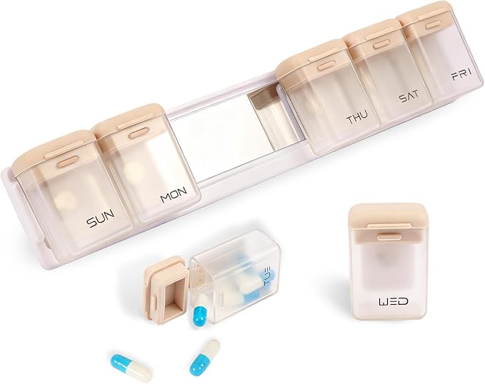 Weekly Pill Organizer Magnetic Large Travel Pill Case, Week Once Daily Medication Dispenser Medicine Container Holder for Supplement Box 7 Day 1 Time a Day (Brown)