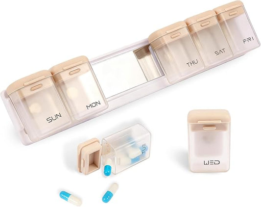 Weekly Pill Organizer Magnetic Large Travel Pill Case, Week Once Daily Medication Dispenser Medicine Container Holder for Supplement Box 7 Day 1 Time a Day (Brown)