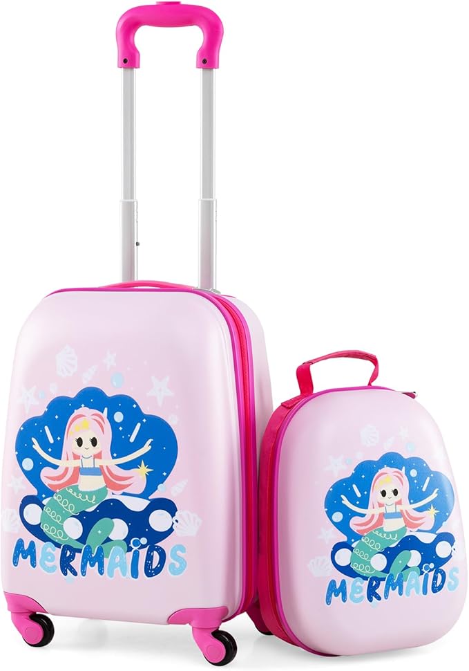 KOTEK Kids Carry On Luggage Set, 16" Hardside Rolling Suitcase with Spinner Wheels, Travel Rolling Luggage for Boys Girls (Mermaid)
