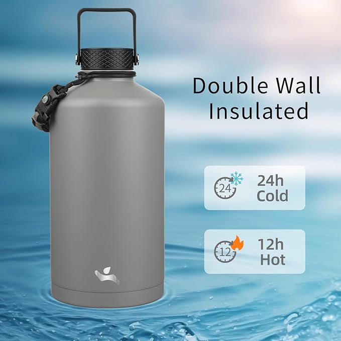 Gallon Insulated Water Bottle with Straw,128 oz 3 Lids Water Jug with Carrying Bag,Paracord Handle, Double Wall Vacuum Stainless Steel Metal Flask,Gray