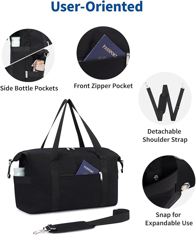 Narwey For Spirit Airlines Personal Item Bag 18x14x8 Foldable Duffle Bag for Travel Packable Duffel Bag for Traveling Carry on Bag for Airplanes Underseat with Wet Pocket for Women and Men (Black)