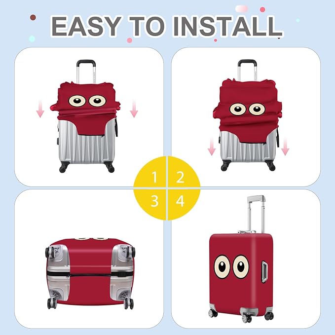 ANNA QUEEN Funny Cartoon Eyes Luggage Cover, Red Suitcase Protector with Cute Big Eyes Design, Travel Suitcase Cover for 24-26 Inch Luggage, Stretchable & Washable Spandex Travel Accessories
