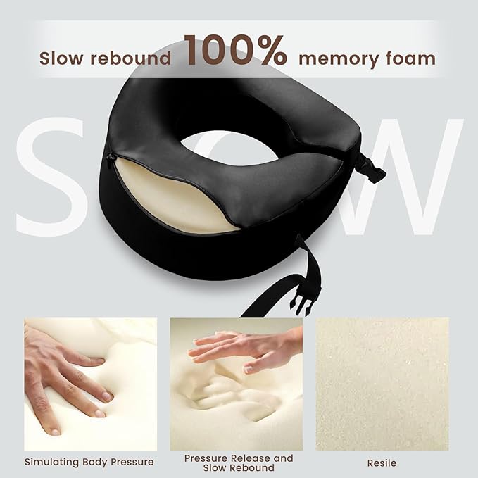 THXSILK 100% Mulberry Silk Neck Pillow for Traveling, Pure Memory Foam Travel Pillow for Airplanes, Travel Neck Pillow for Sleeping, Head and Neck Support, Includes Storage Bag (Black)