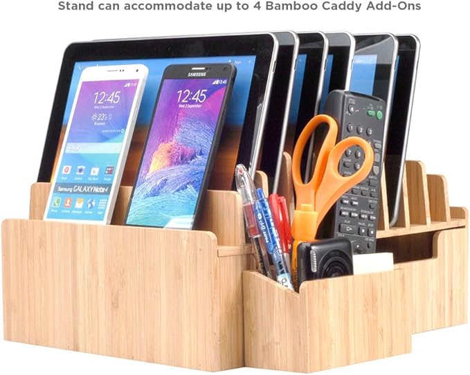 MobileVision Bamboo 10-Port Charging Station Plus 2 Caddy Add-On Combo to hold pens keys and extra storage