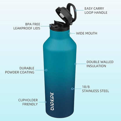 BJPKPK Insulated Water Bottle With Straw 25oz Stainless Steel Water Bottles With 2 Lids And Carry Handle Reusable Travel Metal Thermal Flask,Indigo Black