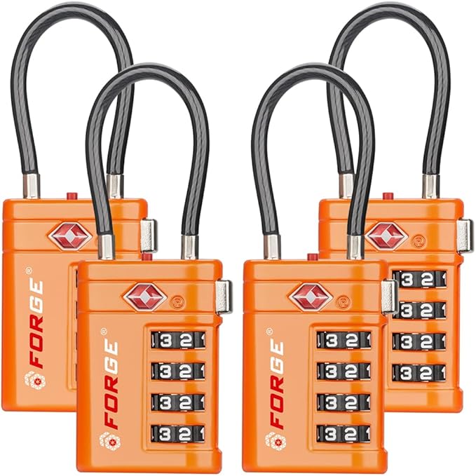 Forge TSA Approved Luggage Locks 4 Digit Combination TSA Travel Locks with TSA008, Open Alert Indicator, Zinc Alloy Body for Luggage, Suitcase, Backpack, and More. Orange 4 Locks.