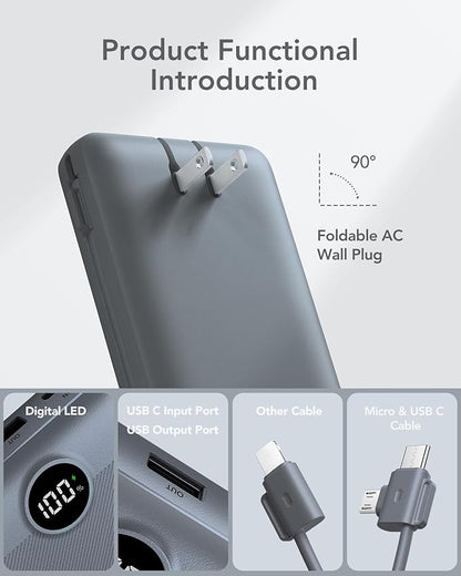 Portable Charger Power Bank 20000mAh,VRURC 22.5W Fast Charging Power Bank With Cables, 20K USB C Portable Charger With Wall Plug, Phone Battery With Cords For iPhone, Samsung, Android Phones, etc-Grey