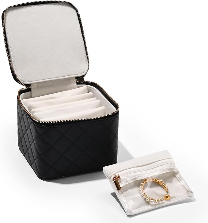 Travel Jewelry Box Organizer - Small Jewelry Case with 6 Small Velvet Zipped Pouches Pockets for Jewelry Necklaces Rings Earrings Storage(Black)