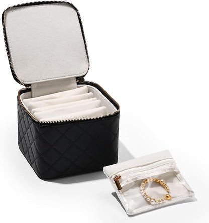 Travel Jewelry Box Organizer - Small Jewelry Case with 6 Small Velvet Zipped Pouches Pockets for Jewelry Necklaces Rings Earrings Storage(Black)