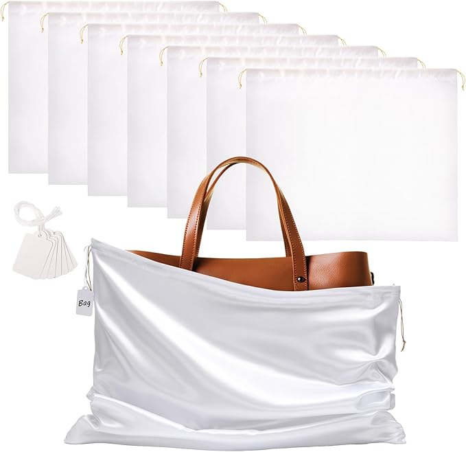 Ewen 7 Pack of 23.6x19.6in Satin Dust Bags for Handbags, White Dustproof Silk Bags with Drawstring for Travel, Purse Bag for Storage, Satin Covers for Shoes and Boots, Closet Organizers and Storage