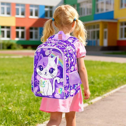 5PCS Kids Suitcase Set for Girls, Cute Sequins Cat Rolling Luggage, Travel Carry-On for Toddlers & Elementary Children