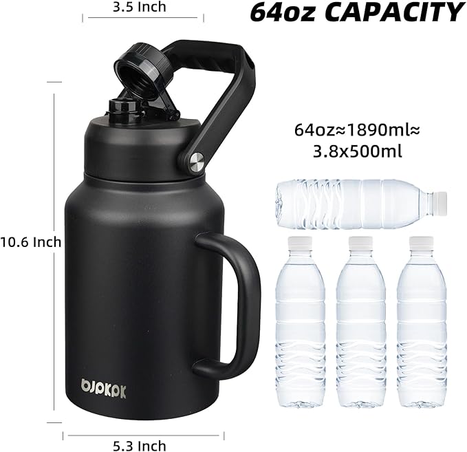 BJPKPK 64oz Insulated Water Bottle with Handle, Large Dishwasher Safe Half Gallon Water Bottle, BPA Free Water Jug, Wide Mouth Metal Flasks with Anti-slip Bottom, Keep Cold & Hot, Black