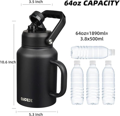 BJPKPK 64oz Insulated Water Bottle with Handle, Large Dishwasher Safe Half Gallon Water Bottle, BPA Free Water Jug, Wide Mouth Metal Flasks with Anti-slip Bottom, Keep Cold & Hot, Black