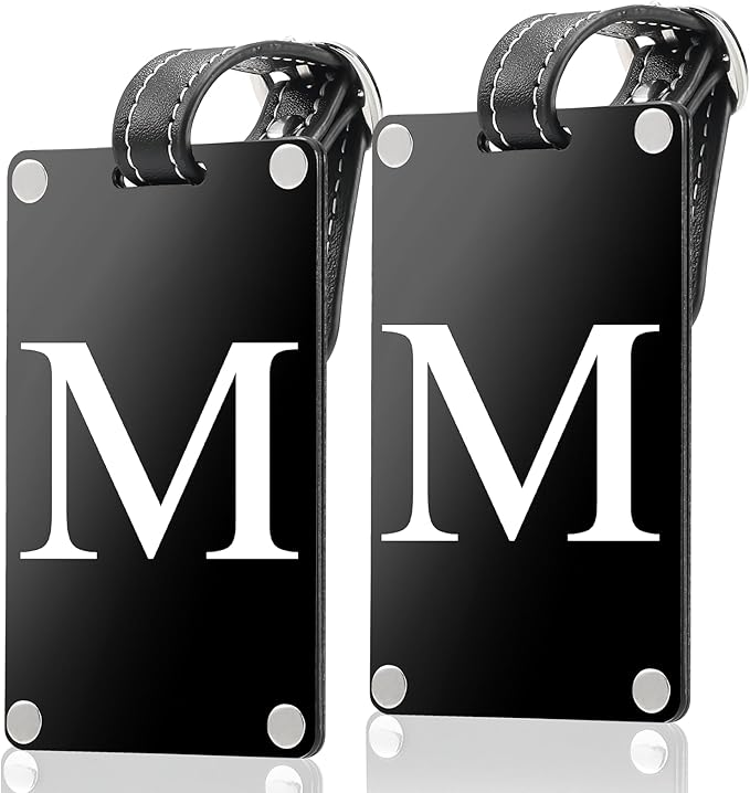 Premium 3-Layer Aluminum Luggage Tags by Fortuna - Easy to Claim, Laser-Engraved, Plastic-Free, and Eco-Friendly Luggage Tag Holders, 2-Pack, Black (M)