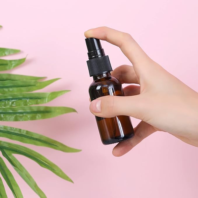 2oz Glass Spray Bottle, Fine Mist Boston Glass Bottles with Black Fine Mist Sprayer Small Clear Bottles for Essential Oils, Bath, Beauty, Hair & Cleaning, Amber, Pack of 48