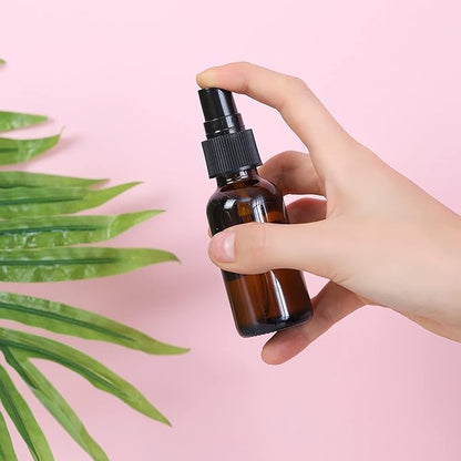 2oz Glass Spray Bottle, Fine Mist Boston Glass Bottles with Black Fine Mist Sprayer Small Clear Bottles for Essential Oils, Bath, Beauty, Hair & Cleaning, Amber, Pack of 24