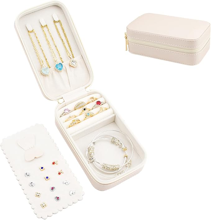 Small Travel Jewelry Organizers Box for women with PU Leather Portable Mini Jewelry Case with compartments for Necklace Rings Earrings,Luxury Giftable boxes. (Pearl White, M)