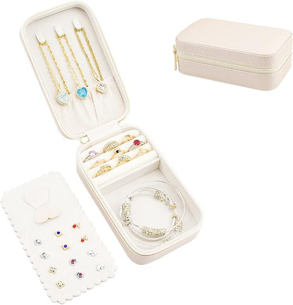 Small Travel Jewelry Organizers Box for women with PU Leather Portable Mini Jewelry Case with compartments for Necklace Rings Earrings,Luxury Giftable boxes. (Pearl White, M)