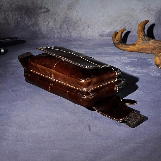 Rugged Pull-Up Leather Waist Bag for Men Full Grain Vintage Outdoor Compact Hip Pouch with Gift Box (Coffee)