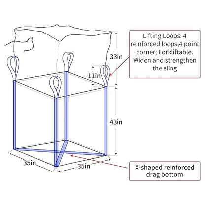 JINYUANDI 2 Pack FIBC Bulk Bag, Flexible Bulk Bags1.5 Ton Bag, 35"L x 35"W x 43"H, 3300lbs SWL, Duffle Top Flat Bottom Heavy Duty, Woven Polypropylene Waste Bag