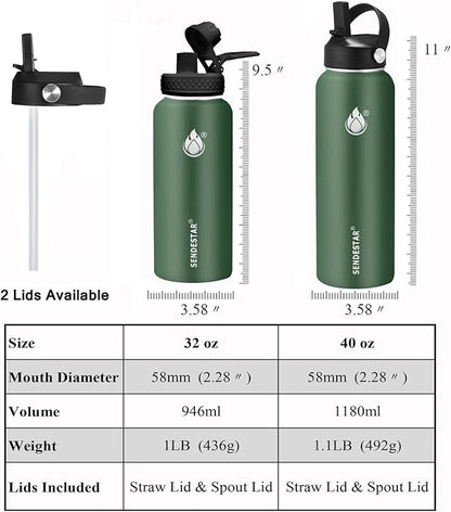 Insulated Water Bottle 32 oz with Straw, Stainless Steel Wide Mouth Water Bottle, Double Wall Vacuum Leak Proof with Straw Lid & Spout Lid for Sports or Office, Keep Cold or Hot Up to 24 Hrs