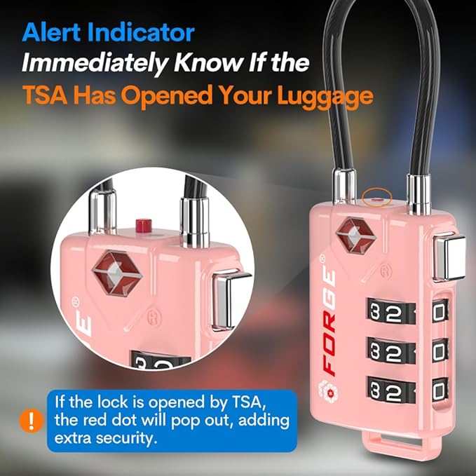 Forge TSA Approved Cable Luggage Locks, 2 Pink Locks, Re-settable Combination with Alloy Body