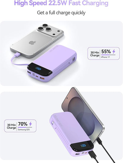 Portable Charger Power Bank Built-in Cables, 32000mAh 22.5W USB C Fast Charging, 5 Outputs 3 Inputs Travel Essentials Battery Pack Compatible with iPhone, iPad, Samsung, Google Pixel, Purple