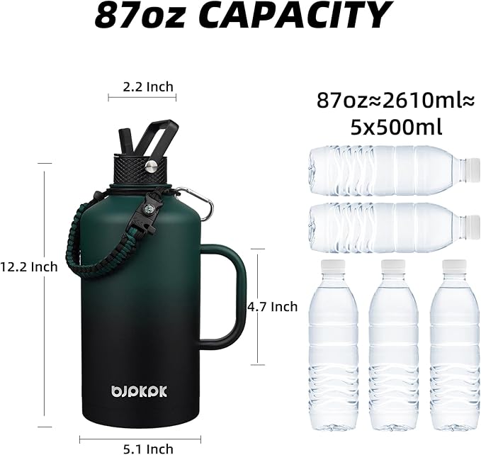 BJPKPK 2/3 Gallon Water Bottle Insulated with Straw Lid, 50oz,64oz,87oz,128ozLarge, Stainless Steel Water Bottles with 3 Lids and Paracord Strap,Double Wall Vacuum Metal Water Jug,Army Green&Black