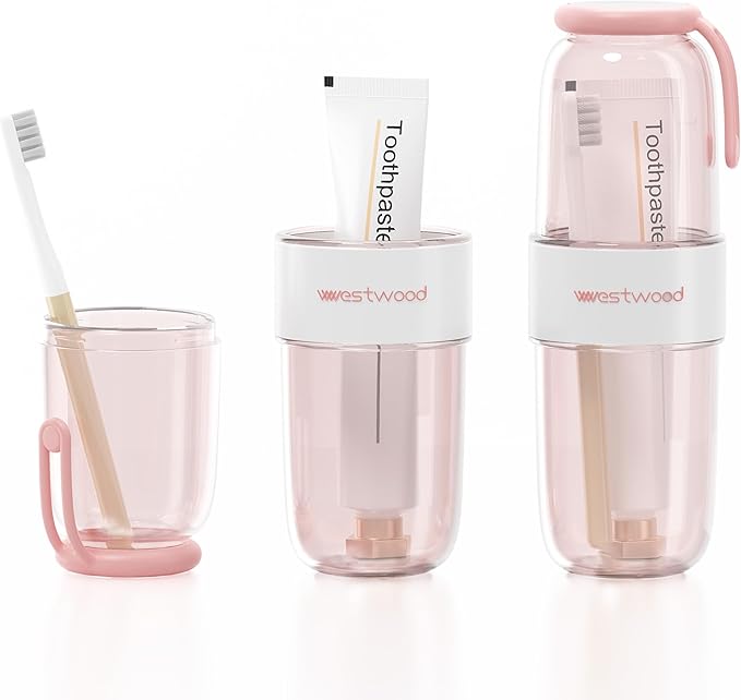 Luxury Transparent Pink Toothbrush Travel Case, Portable Travel Toothbrush & Toothpaste Holder Cover Organizer Container with Mouthwash Cup for Camping, Business Trips, Bathroom Storage