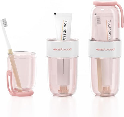 Luxury Transparent Pink Toothbrush Travel Case, Portable Travel Toothbrush & Toothpaste Holder Cover Organizer Container with Mouthwash Cup for Camping, Business Trips, Bathroom Storage