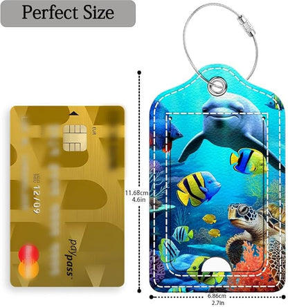 Funny PU Leather Luggage Tags 2-Pack Ocean Dolphin Sea Fish Coral Cute Pattern Suitable for Suitcase Stainless Steel Loop and Address Card Essential for Cruise and Airport Travel for Men and Women