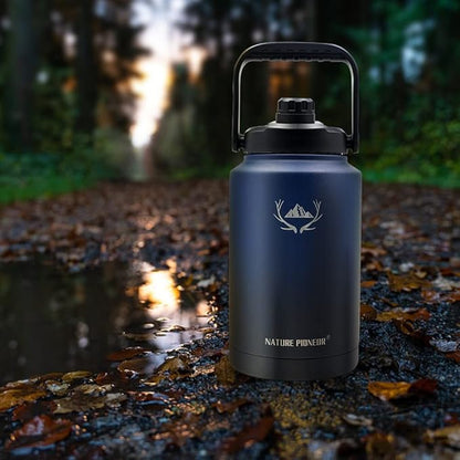 NATURE PIONEOR One Gallon Water Bottle Insulated - Large Double Vacuum Stainless Steel 128 oz Water Bottle with Holder/Carrier, 1 Gallon Water Jug,128oz, Wide Mouth