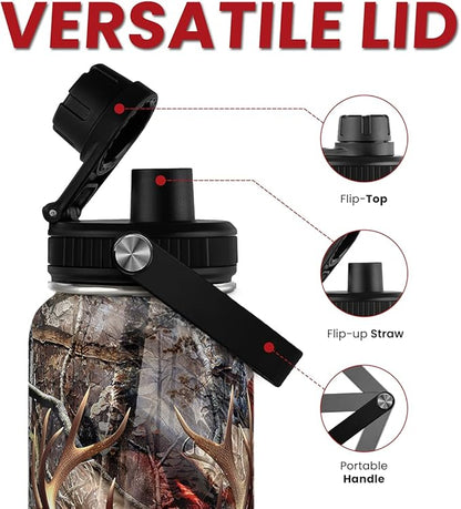 Hunting Water Bottle 32oz - Stainless Steel Insulated Bottles with Lid - Hunting Presents for Men Dad Husband Papa, Hunters Gift for Birthday Christmas Fathers Day