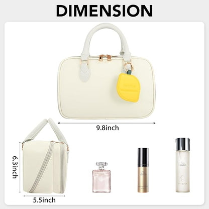 Travel Makeup Bag for Women Fashion Large Capacity Pouch Open Flat Cosmetic Portable Organizer Waterproof Large Opening Storage Toiletry Bags Vertical Free-Standing Brush Holder for Easy Access Beige