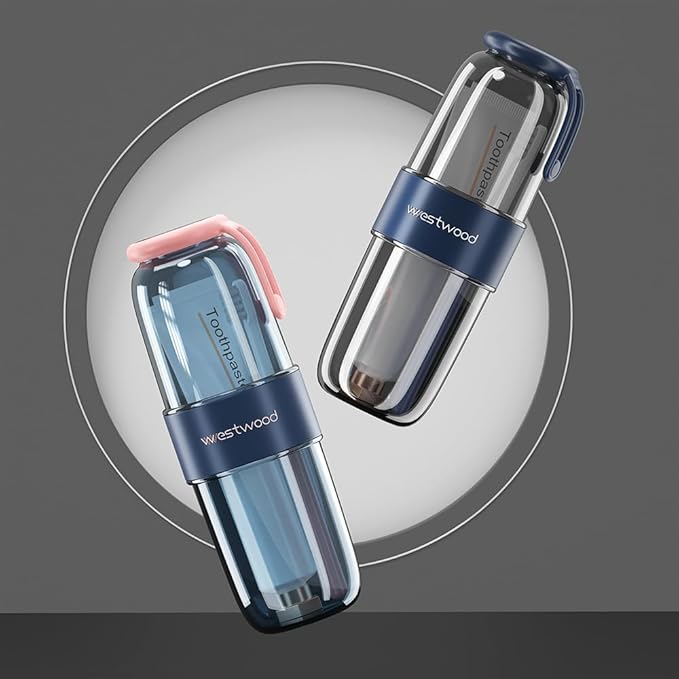 Luxury Transparent Blue Toothbrush Travel Case, Portable Travel Toothbrush & Toothpaste Holder Cover Organizer Container with Mouthwash Cup for Camping, Business Trips, Bathroom Storage