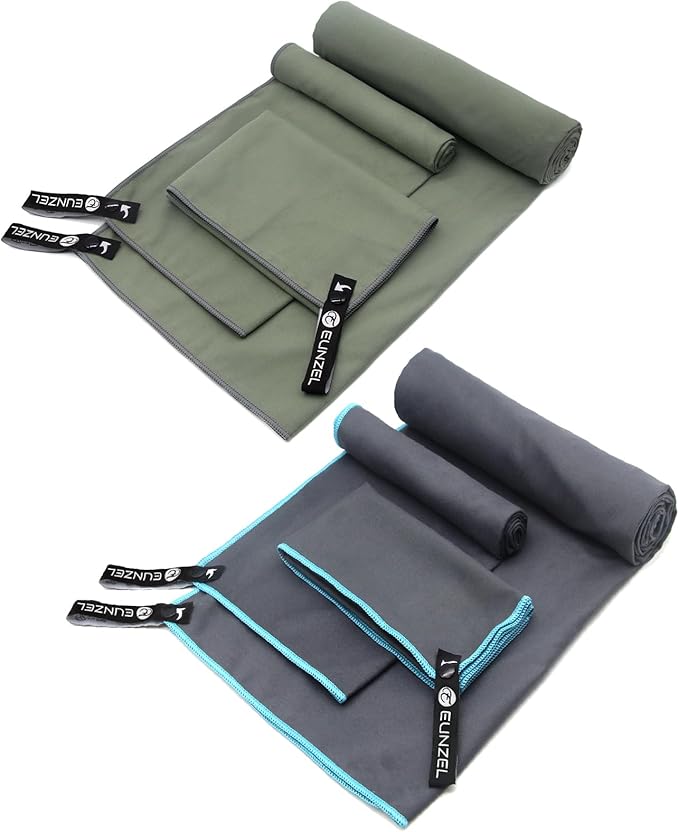 Eunzel 2 Set Quick Dry Camping Towel, Microfiber Travel Towel Super Absorbent Fast Drying Towel for Camping, Beach, Gym, Backpacking & Swimming(Two 3-Piece Towel Sets, Army Green/Grey)