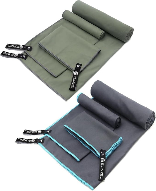 Eunzel 2 Set Quick Dry Camping Towel, Microfiber Travel Towel Super Absorbent Fast Drying Towel for Camping, Beach, Gym, Backpacking & Swimming(Two 3-Piece Towel Sets, Army Green/Grey)